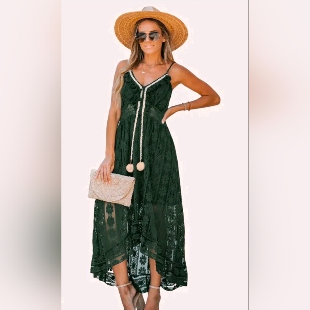 New Astrid Sleeveless V-neck Tassel Lace Ruching Dress Beach Boho Black Cupshe